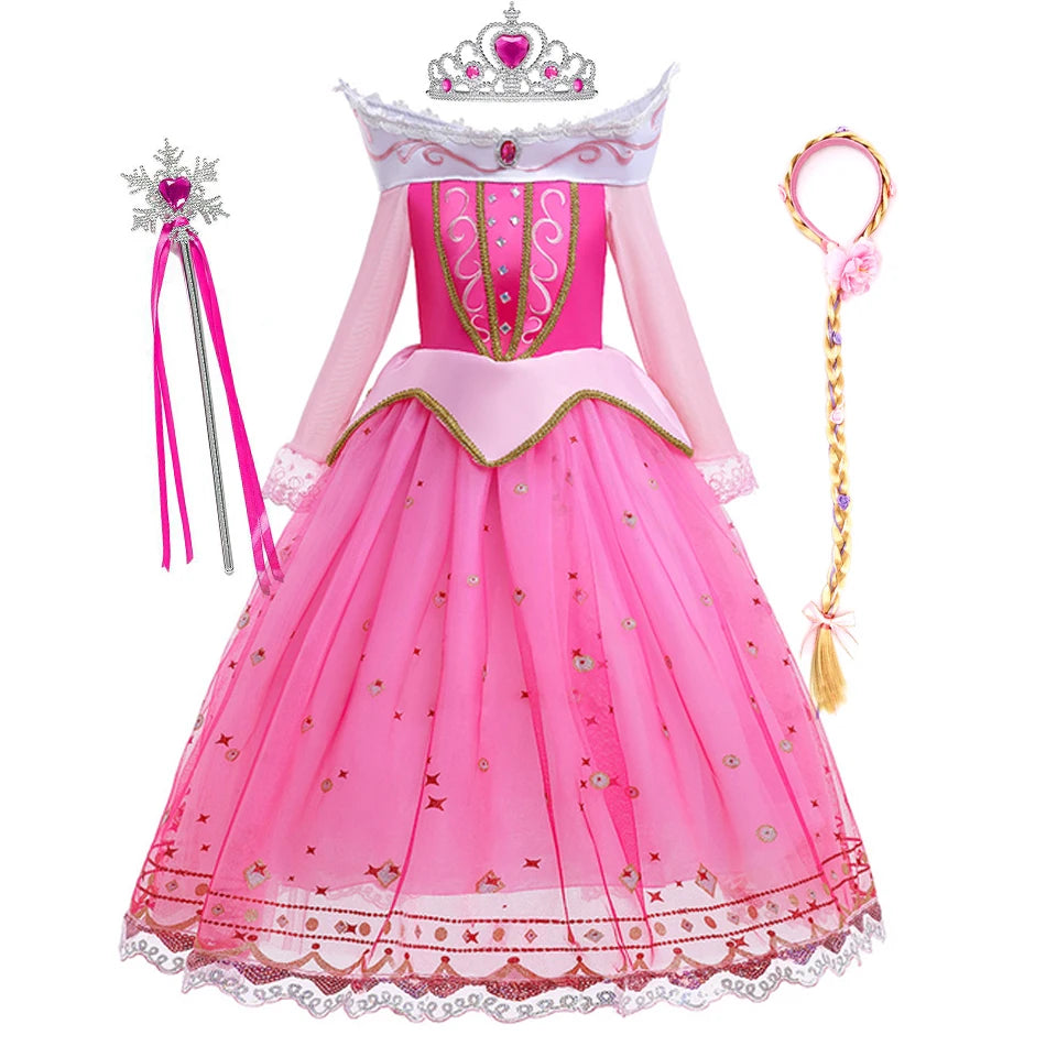 Sleeping Beauty Costume for Girls Aurora Dress Long Sleeves Off Shoulder Kids Halloween Christmas Fancy Party Princess Clothing