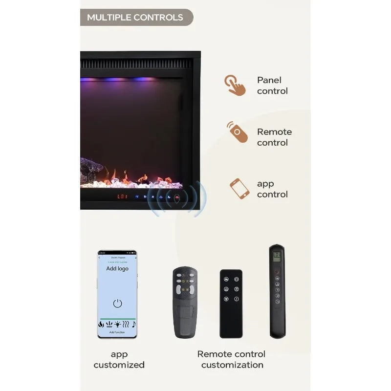 Wall mounted electric fireplace realistic flame effect adjustable thermostat dimmer remote control 1500W