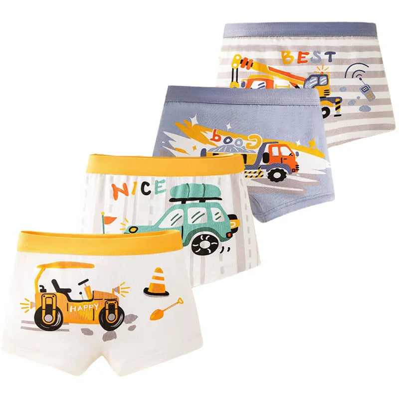 4/8Pcs High Quality Cotton Boy Boxer Brief Cool Excavator Pattern Kids Boxers Breathable Children Underwear Soft Bottom Panty