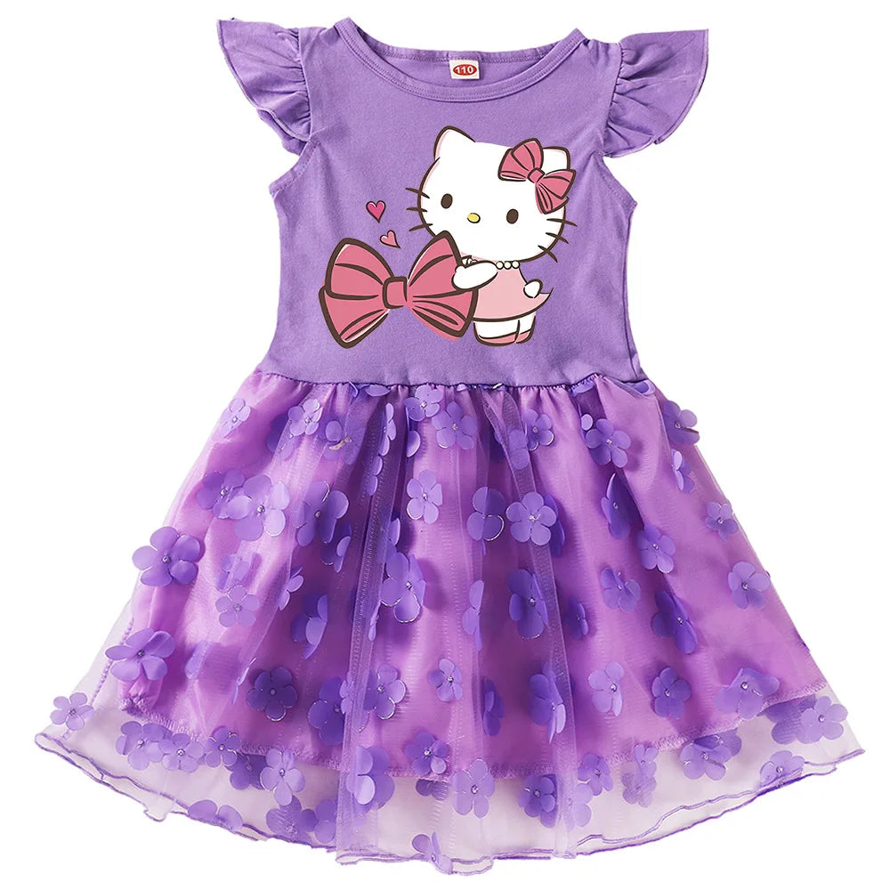 2-10Y Cartoon hello kitty Dress Girls Short-sleeve Casual Dresses with Small Bag Kids Summer Outfits Children Lace Vestidos