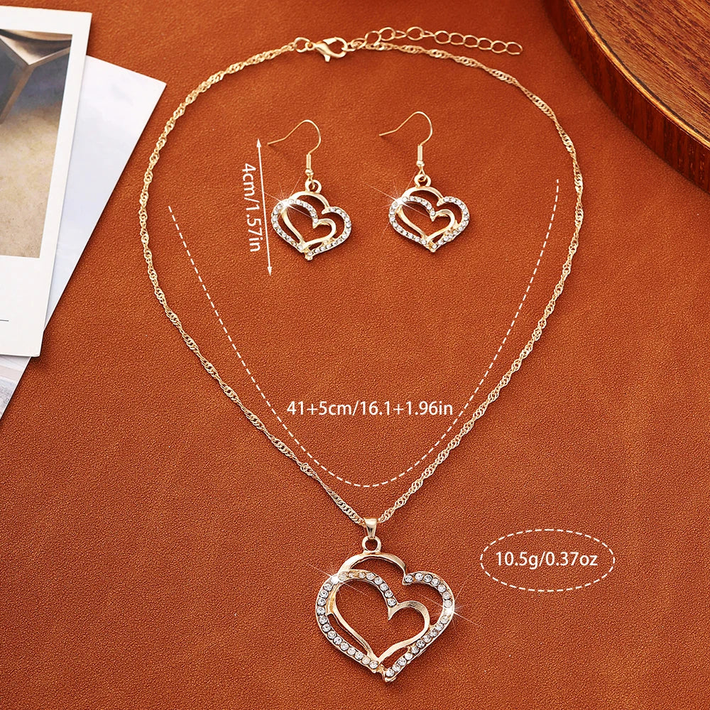 3 PCS Women's Retro Fashion Hollow Double Heart Rhinestone Decorated Alloy Pendant Necklace And Earring Jewelry Set