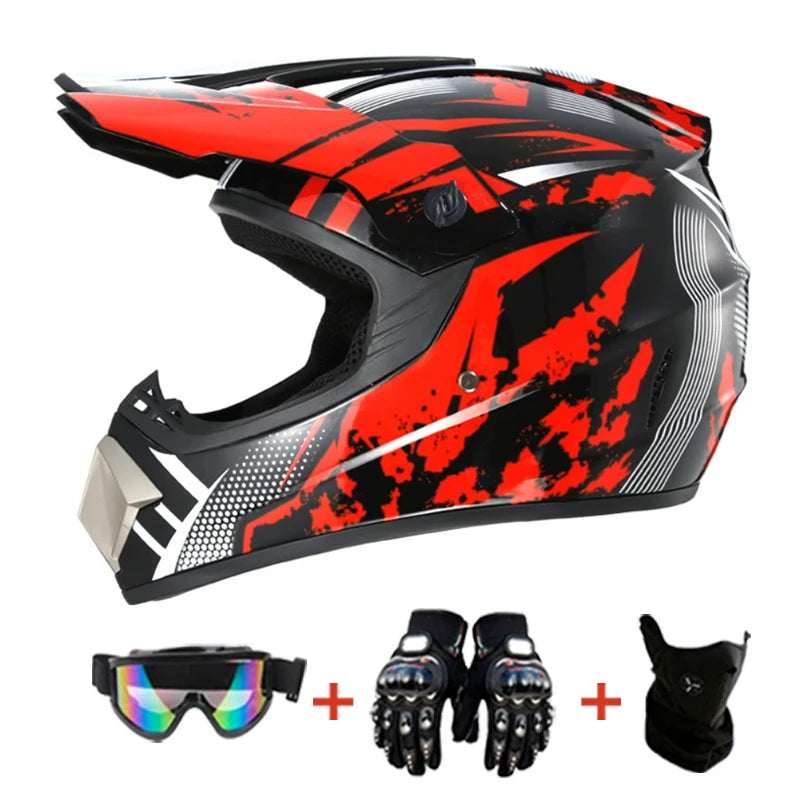 Kids MX Helmet Kit - DOT/ECE Certified Full-Face Helmet + Ventilated Off-Road Goggles + Riding Gloves
