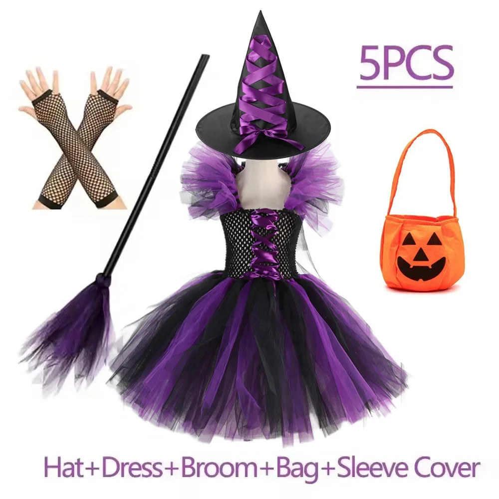 Kids Halloween Witch Costumes for Girls Carnival Party Fancy Dress Children Witches Disguise Tutu Outfit Clothes with Broom Hat
