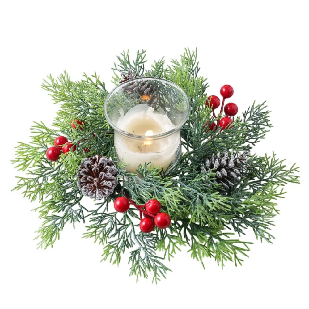 Red Christmas Flowers Wreath Artificial Berries Pinecone Pine Candlestick Wreaths Garland Candle Ring Table Home Party Decor