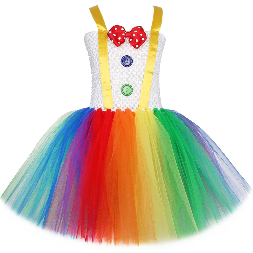 Rainbow Circus Clown Costume for Girls Funny Joker Halloween Tutu Dress for Kids Birthday Carnival Party Outfit Children Clothes