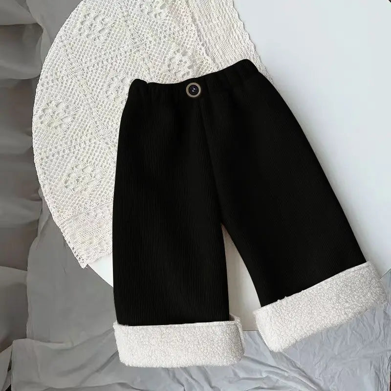 2025 Kids' Fleece-Lined Wide Leg Pants Winter Loose Fit Trousers Cozy Straight Cut for Baby Girls Kids Clothes