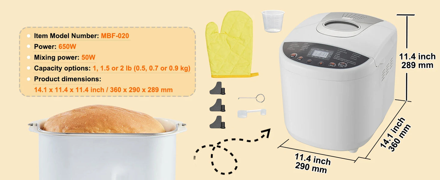 SucceBuy 2/3 LB Bread Maker 15-in-1 Dough Machine Nonstick Ceramic Pan Automatic Bread maker with Gluten Free Setting