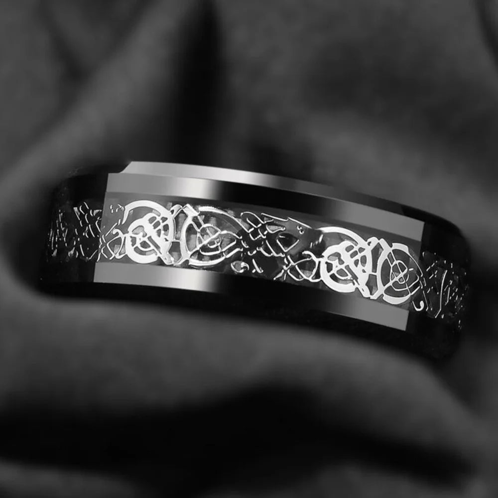 8mm Black Fashion Men Rings Dragon Pattern Stainless Steel Rings For Men Wedding Engagement Jewelry Christmas Gift