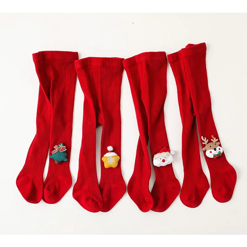 0-6Yrs Children Cartoon Christmas Tights Soft Cotton Baby Girls Red Pantyhose Leggings Kids Infant  New Year Gifts Tights