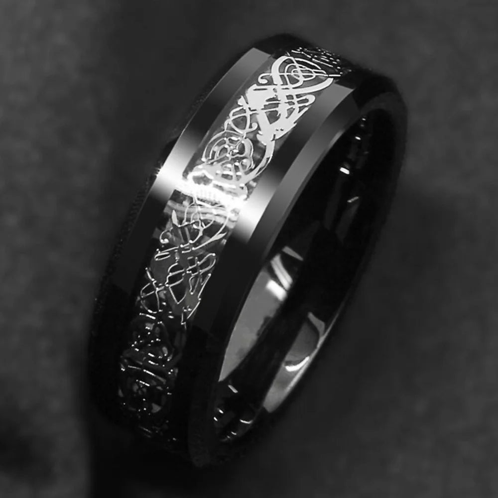 8mm Black Fashion Men Rings Dragon Pattern Stainless Steel Rings For Men Wedding Engagement Jewelry Christmas Gift
