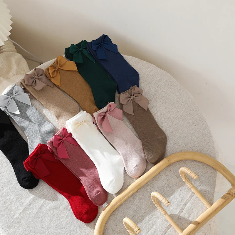 3Pairs/Lot Baby Toddlers Socks Autumn Spring Children Kids Girls Knee High Long Sock Cotton Big Bow Spanish Style Princess Socks