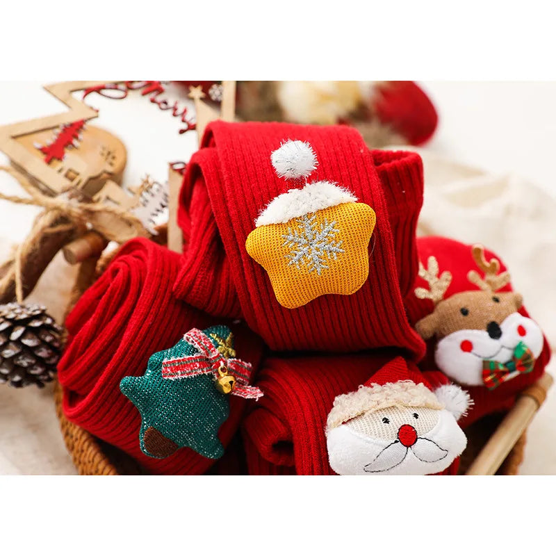 0-6Yrs Children Cartoon Christmas Tights Soft Cotton Baby Girls Red Pantyhose Leggings Kids Infant  New Year Gifts Tights