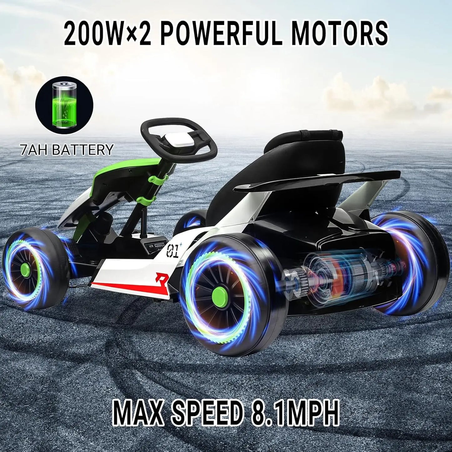 24V Go Kart Ride On Racing Toy for Kids 6+ Ride On Drift Kart with 200W*2 Extra Powerful Motors Large Battery with Music Horn