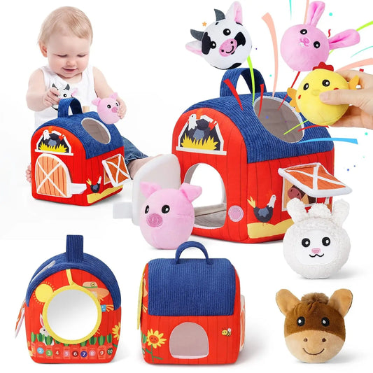 Portable Baby Barn Toy Box Farm Mini Doll with Filled Farm Animals Montessori Toddler Sensory Toy for 1-3 Years Old Children