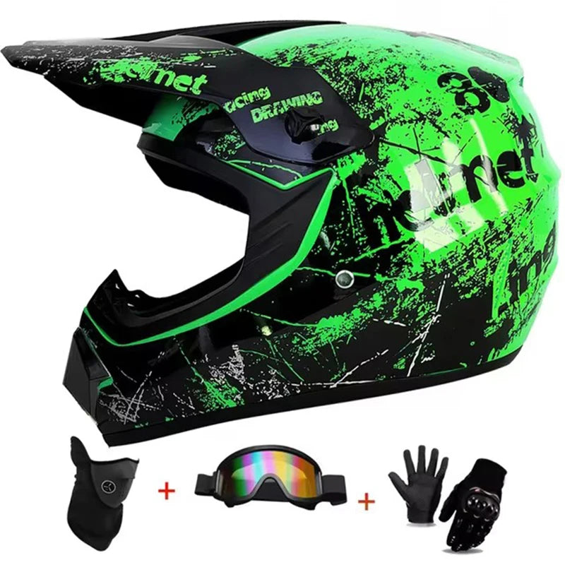 Kids MX Helmet Kit - DOT/ECE Certified Full-Face Helmet + Ventilated Off-Road Goggles + Riding Gloves