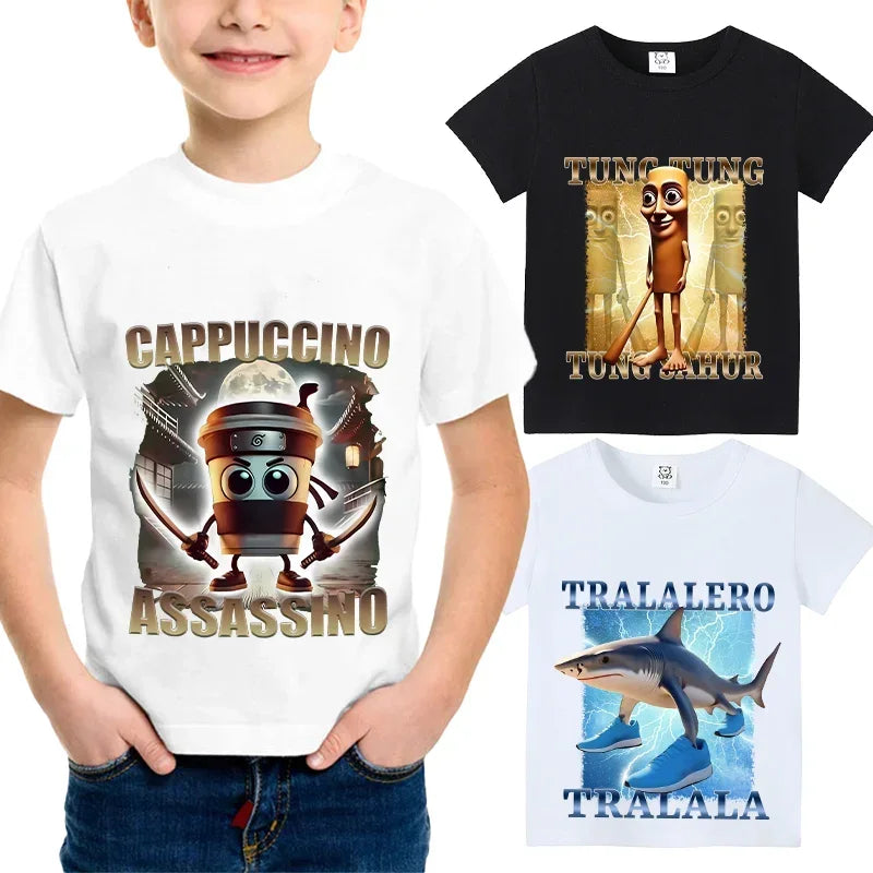 Italian Brainrot Animals Kids Cotton T-shirt Cappuccino Assassino Short Sleeve Tops for Kids Funny Meme Cute Tee Summer Clothing