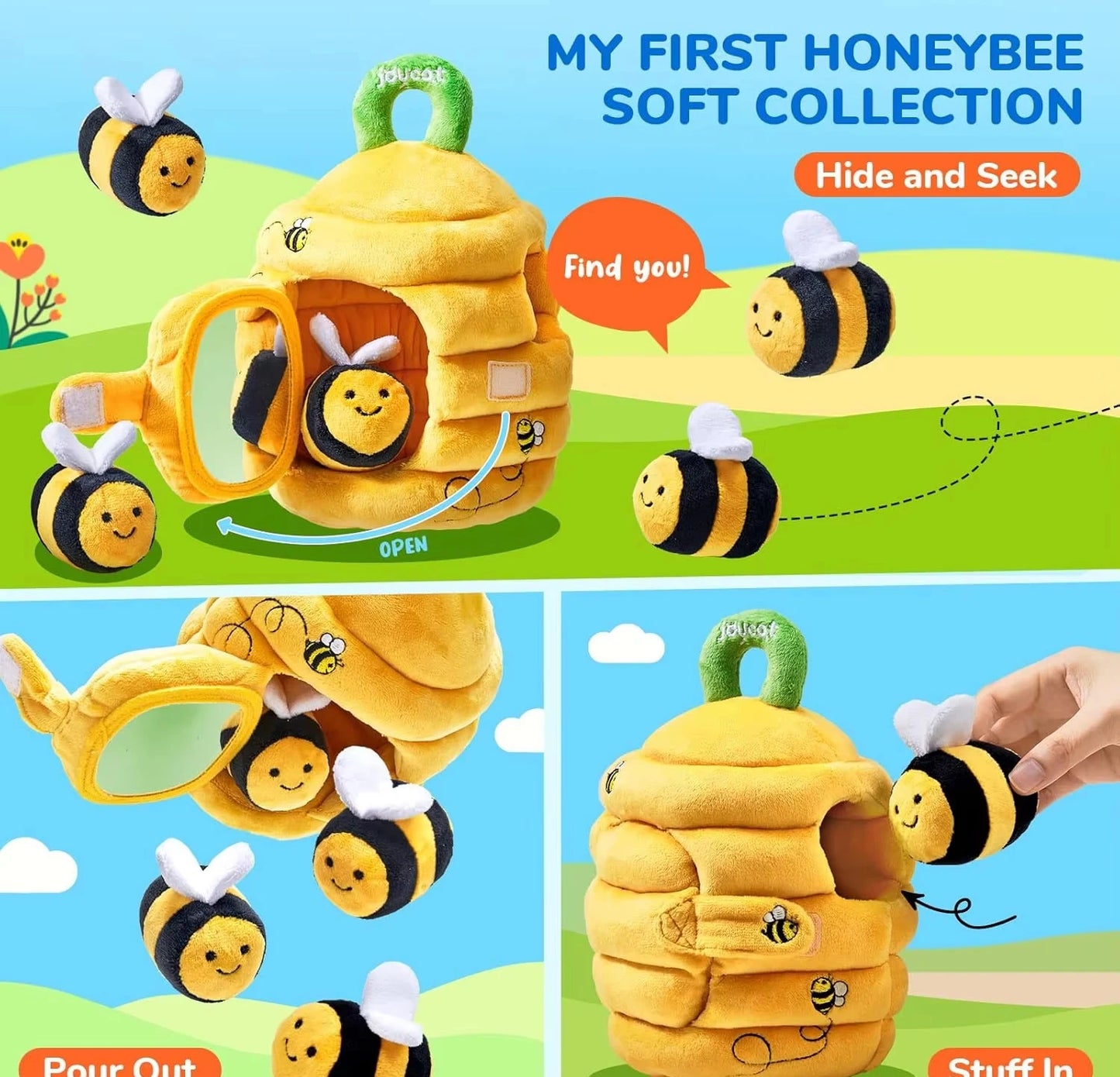 Baby Toys 6-12 Months Soft Baby Beehive with 5 Sensory Bee Rattle Mirror Crinkle Squeaker Busy Montessori Soft Toy for Toddlers