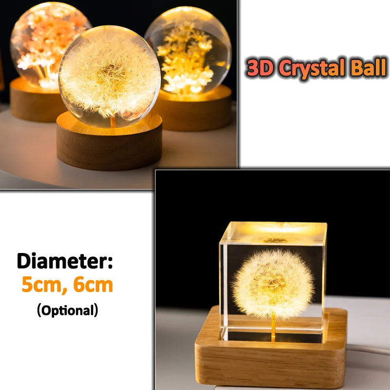 3D Dandelion Crystal Ball 5cm 6cm Luminous Immortality Flower Gift Crystal Ball Wood Stand Base Preserved Flower Sphere Ball
