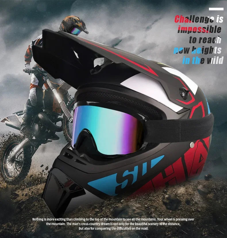 Motorcycle Full Face Helmet and Goggles Set - Off-Road Racing Gear for Mountain Biking and Road Cycling - Premium Safety and Per