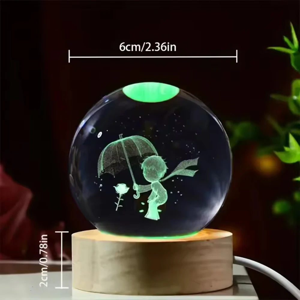 6cm 3D Interior Sculpted Saturn Illuminated Crystal Ball Ornament with Colorful Wood Base Nightlight Indoor Tabletop Birthday