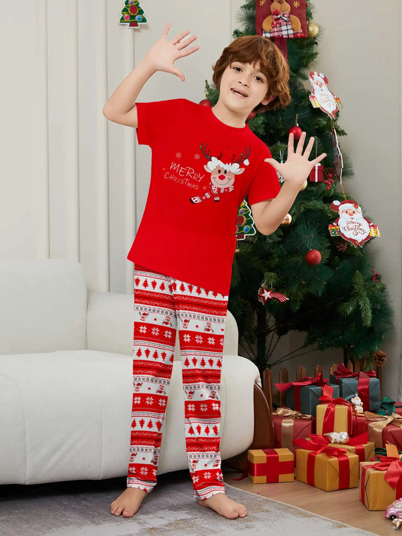 Merry Xmas Family Look Pyjamas Short Sleeve O Neck Sleepwear Adults Kids Christmas Matching Pajamas Set Cute Print 2 Pieces Suit