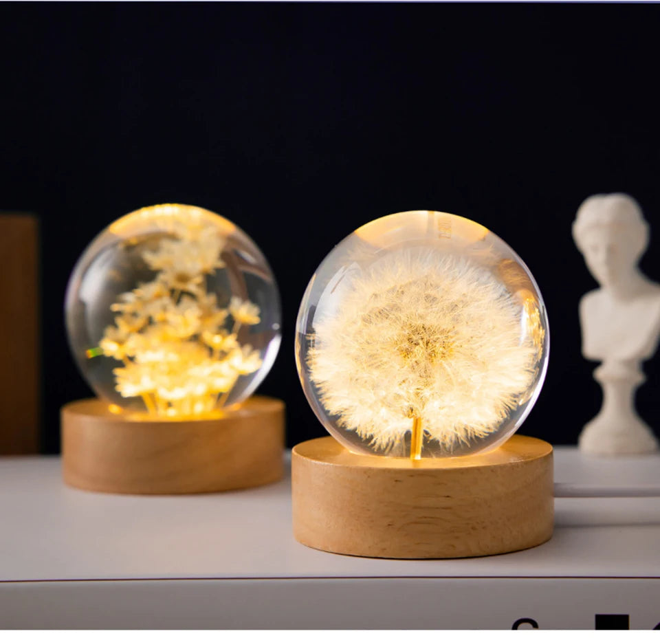 3D Dandelion Crystal Ball 5cm 6cm Luminous Immortality Flower Gift Crystal Ball Wood Stand Base Preserved Flower Sphere Ball