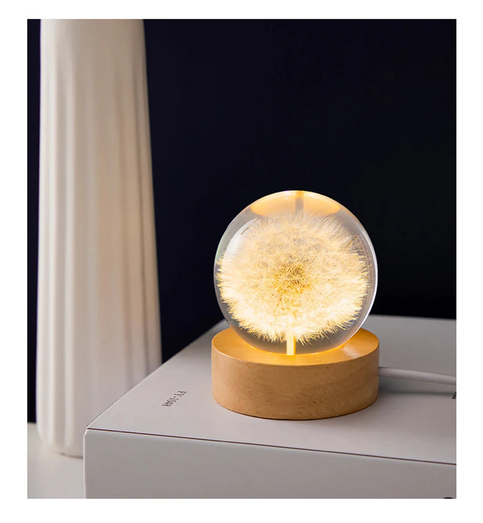 3D Dandelion Crystal Ball 5cm 6cm Luminous Immortality Flower Gift Crystal Ball Wood Stand Base Preserved Flower Sphere Ball