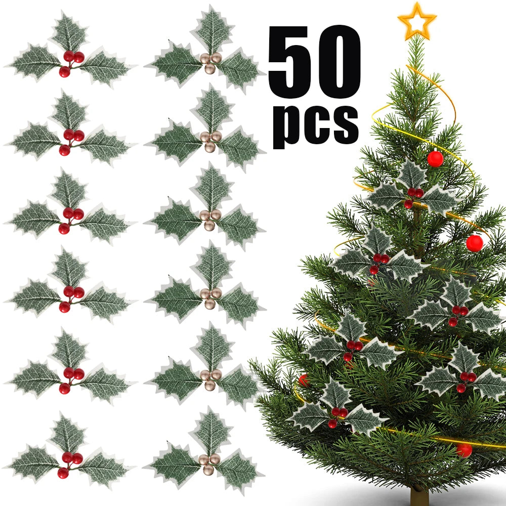 50/5Pcs Christmas Holly Leaves Artificial Red Berries DIY Christmas Flower Wreath Decoration for Home Xmas New Year Gifts Decor