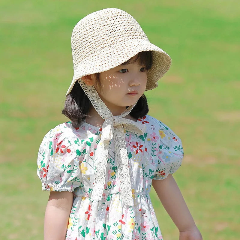 Summer Children Lace Solid Straw Hat Outdoor Girl Baby Fashion Sunscreen Cap Infant Fisherman's Caps Kid Vacation Casual Hats
