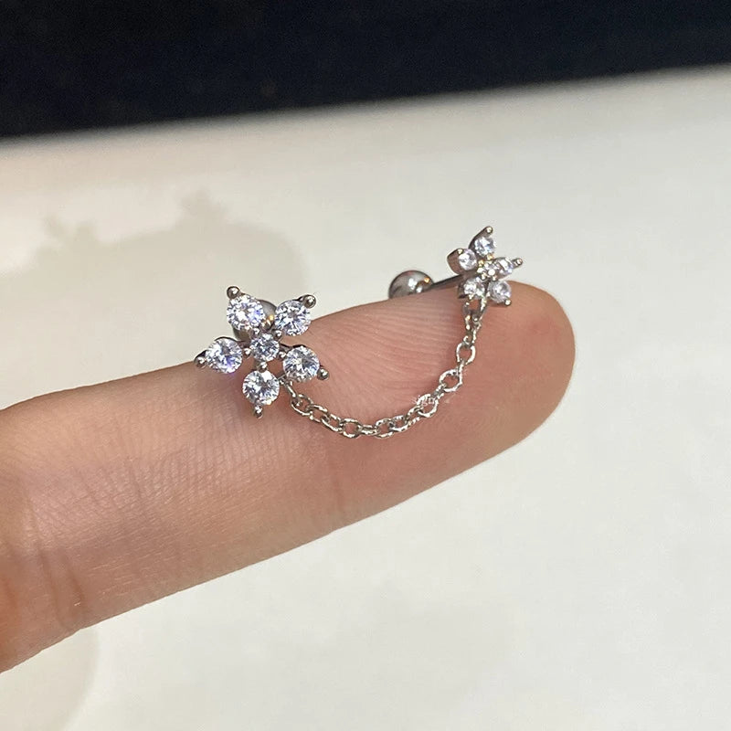 1PCS Pink Love Heart Chain Double Ear Hole 316L Stainless Steel Ear Bone Nail Y2K Fashion Hottie Earrings for Women Jewelry