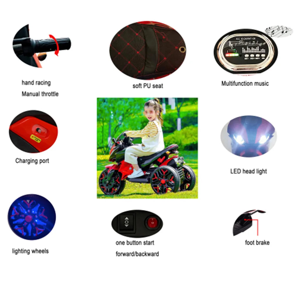 12V Kids Ride-On Motorcycle 3-Wheel Battery Powered Motorbike PU Seat Manual Throttle Lighting Wheels USB MP3 Christmas Gift