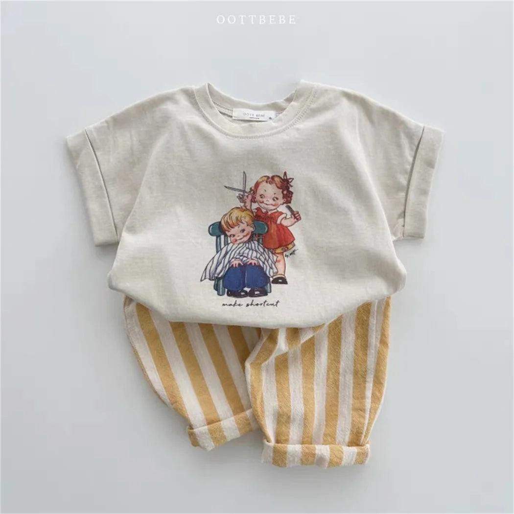 Vintage Linen Cotton Stripe Pants for Boys Casual Pocket Design Elastics Waist Pants for Toddler Girl Clothing Children Trousers