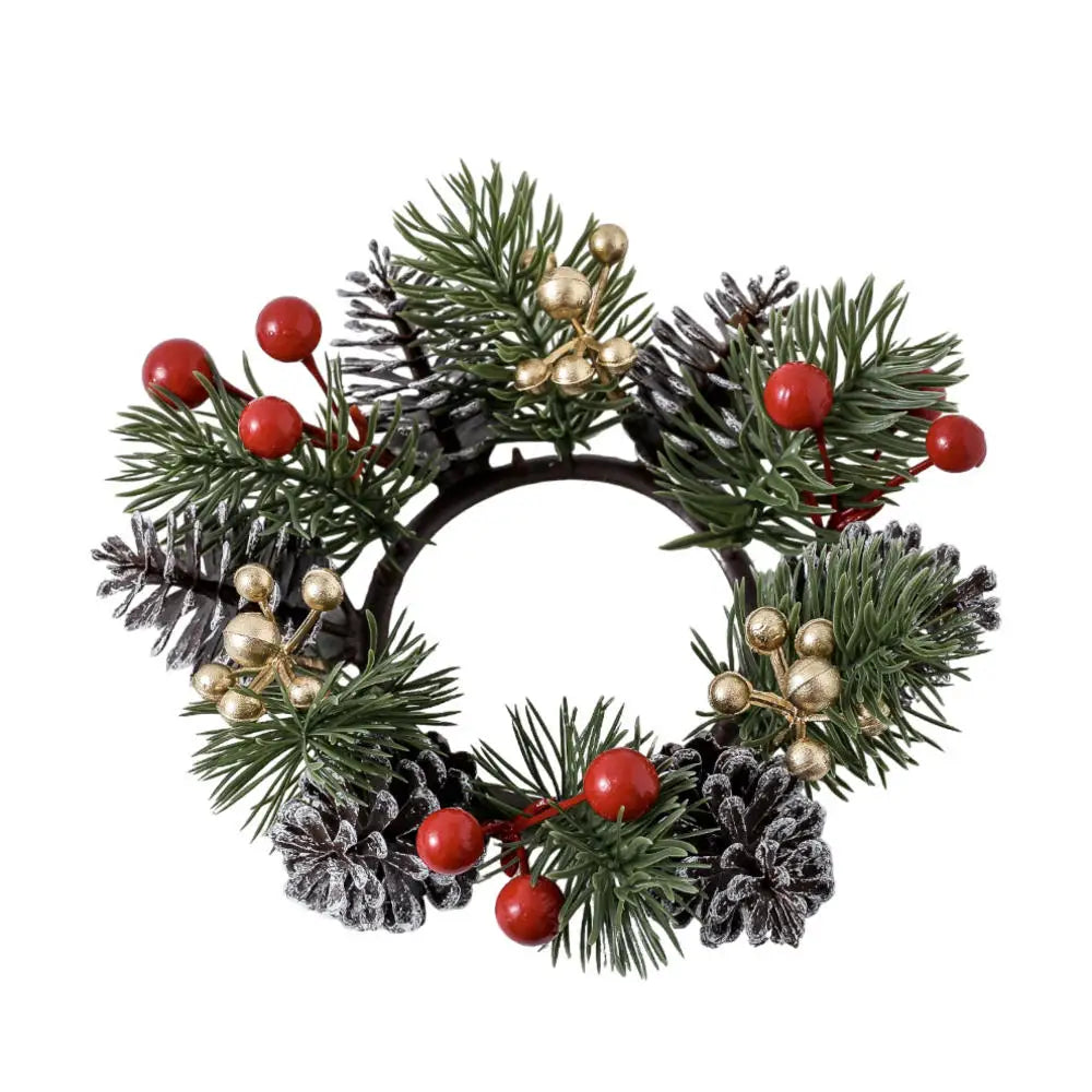 Red Christmas Flowers Wreath Artificial Berries Pinecone Pine Candlestick Wreaths Garland Candle Ring Table Home Party Decor