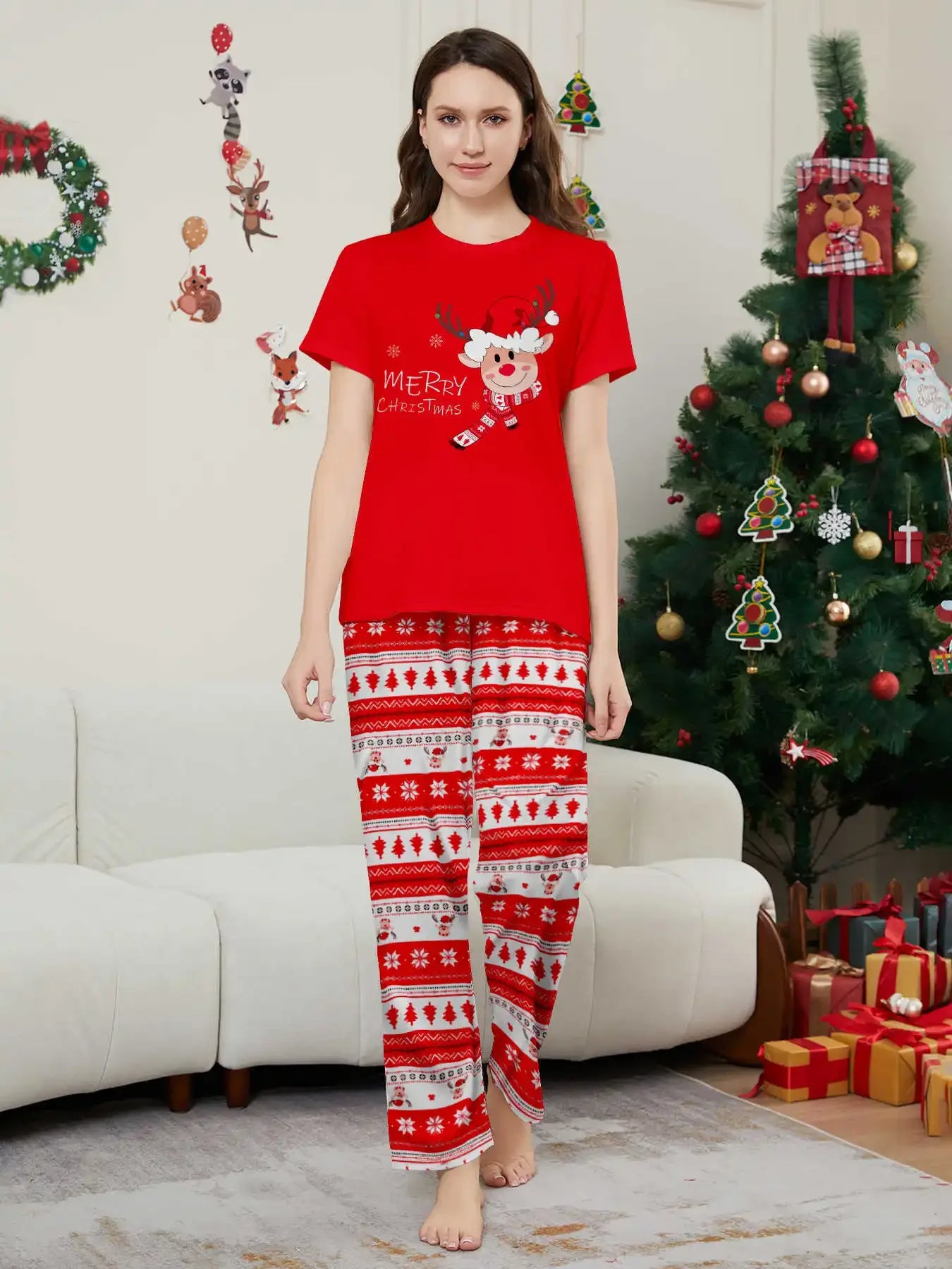 Merry Xmas Family Look Pyjamas Short Sleeve O Neck Sleepwear Adults Kids Christmas Matching Pajamas Set Cute Print 2 Pieces Suit
