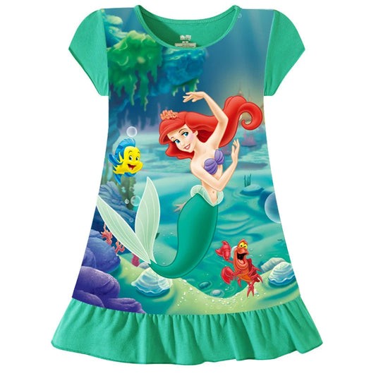 New Summer Kids Cartoon 3-8Years Mermaid Dress Sleepwear Princess Girls Printing Nightgowns Children Party Dresses Pajamas