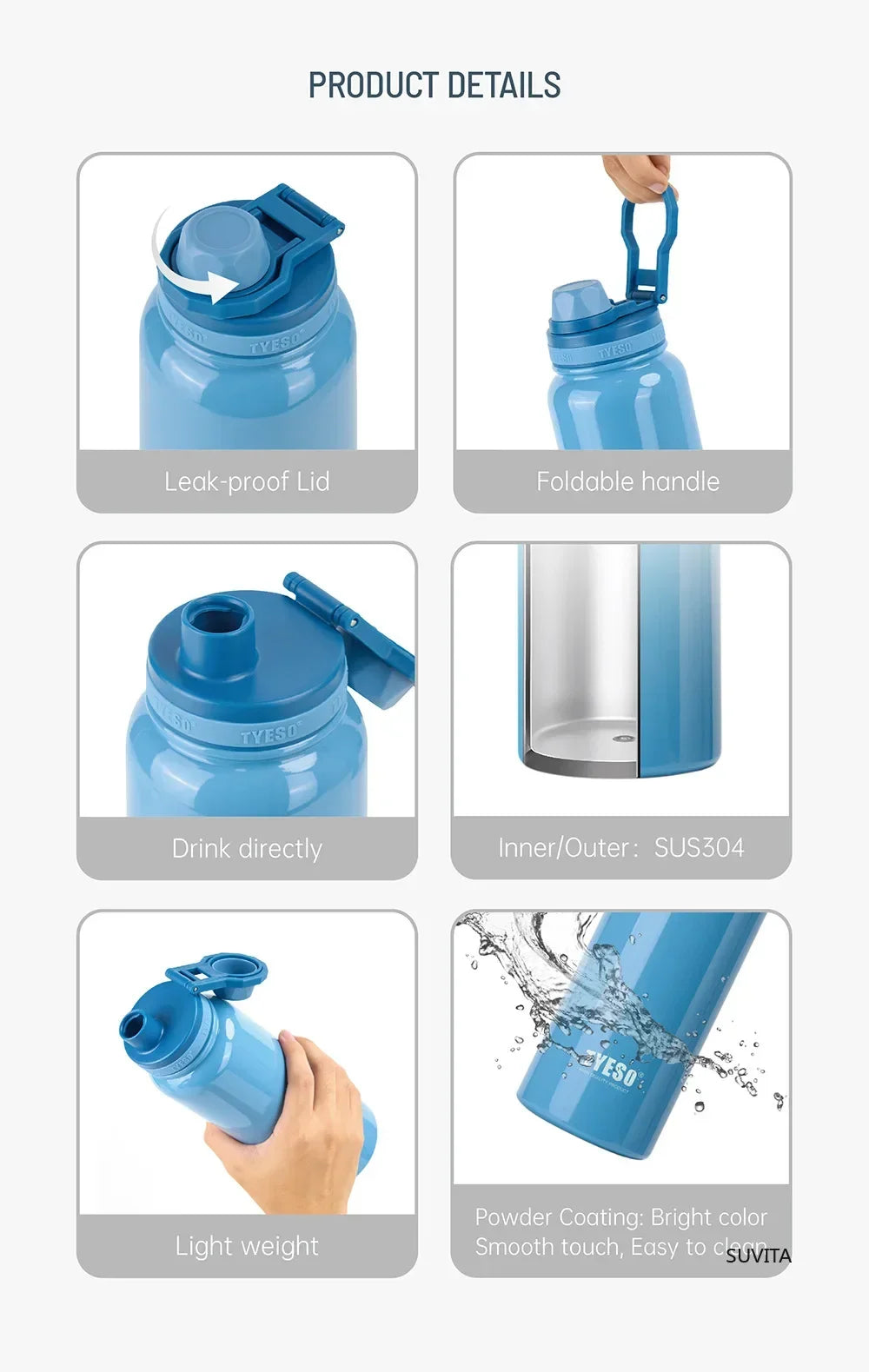 Tyeso Stainless Steel Thermos Water Bottle Portable Sport Vacuum Flask Keeps Cold and Heat Thermal Mug Insulated Car Tumbler Cup