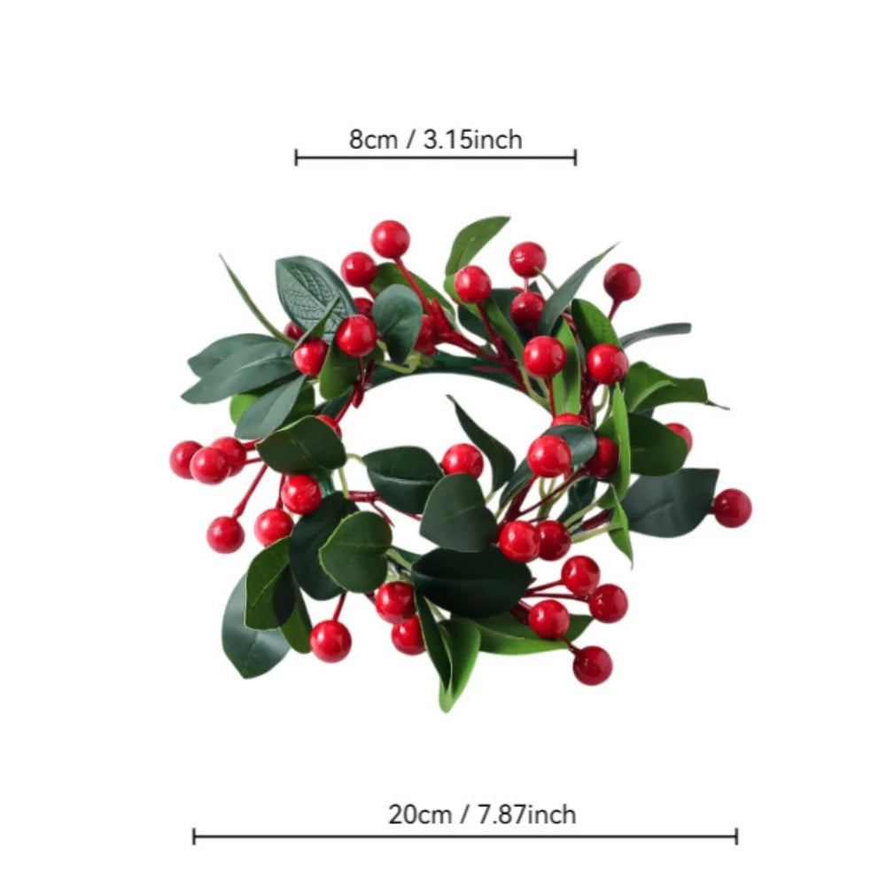 Red Christmas Flowers Wreath Artificial Berries Pinecone Pine Candlestick Wreaths Garland Candle Ring Table Home Party Decor