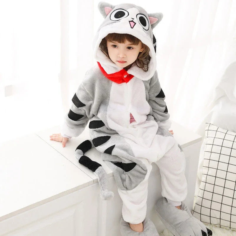 Kids Unicorn Animal Jumpsuits Cartoon Pajamas Cosplay Holiday Costume Cat Panda Flannel Sleepwear for Children Outfits 4-12Yrs