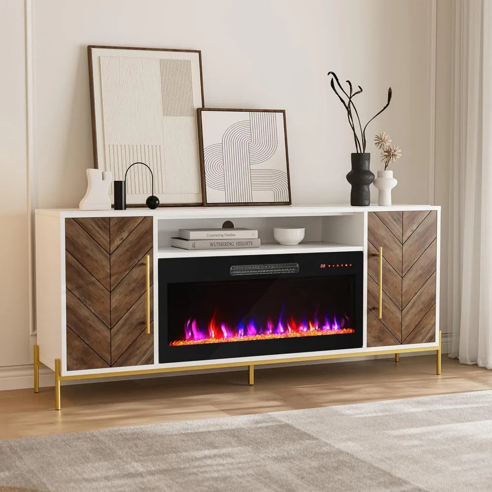 "68-inch wood tv stand with built-in 36-inch electric fireplace and storage entertainment center for tvs up to 75 inches"