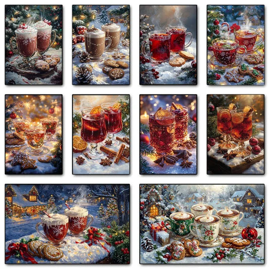 Vintage Christmas Hot Chocolate Mulled Wine Tea Canvas Poster Trendy Retro Festival Art Painting Bar Cart Living Room Home Decor