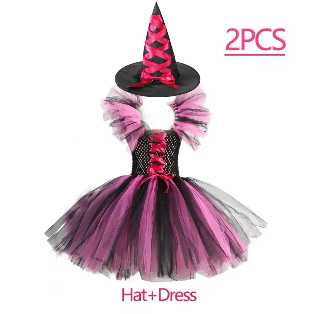 Kids Halloween Witch Costumes for Girls Carnival Party Fancy Dress Children Witches Disguise Tutu Outfit Clothes with Broom Hat