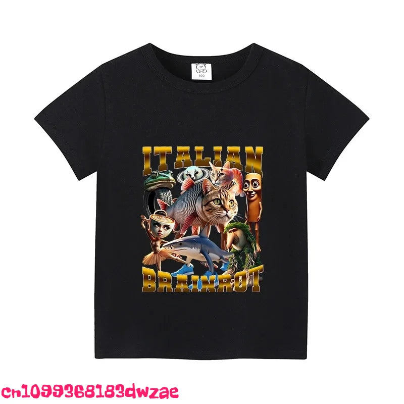 Italian Brainrot Animals Kids Cotton T-shirt Cappuccino Assassino Short Sleeve Tops for Kids Funny Meme Cute Tee Summer Clothing