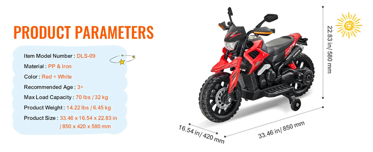 SucceBuy 6/12V Children's Electric Car Kids Ride On Motorcycle with Detachable Wheel Headlight Music Bluetooth for Boys Gifts