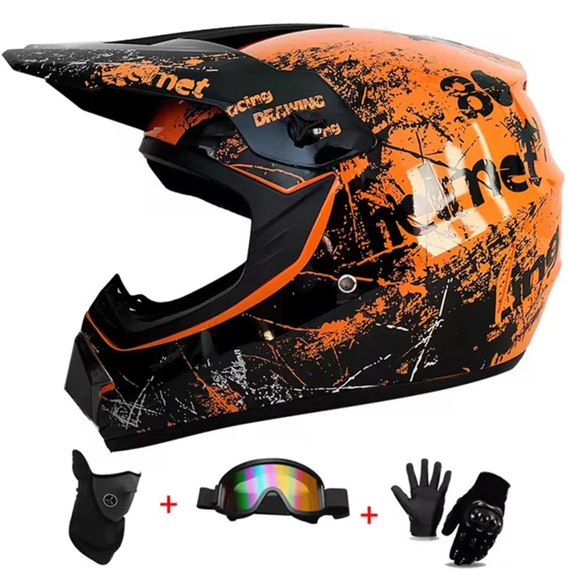 Kids MX Helmet Kit - DOT/ECE Certified Full-Face Helmet + Ventilated Off-Road Goggles + Riding Gloves