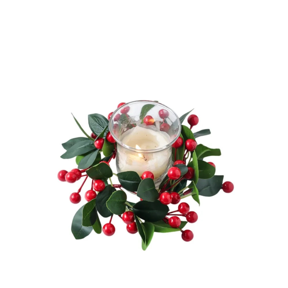 Red Christmas Flowers Wreath Artificial Berries Pinecone Pine Candlestick Wreaths Garland Candle Ring Table Home Party Decor