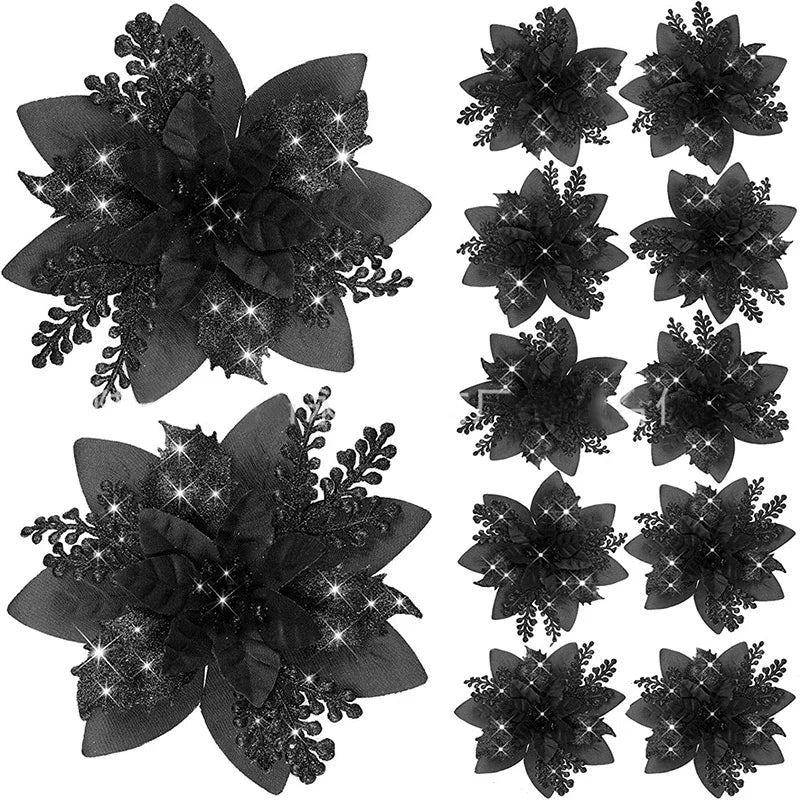 14.5cm Glitter Artifical Christmas Flowers Merry Christmas Tree Decoration Happy New Year Ornaments Xmas Fake Flowers Natal