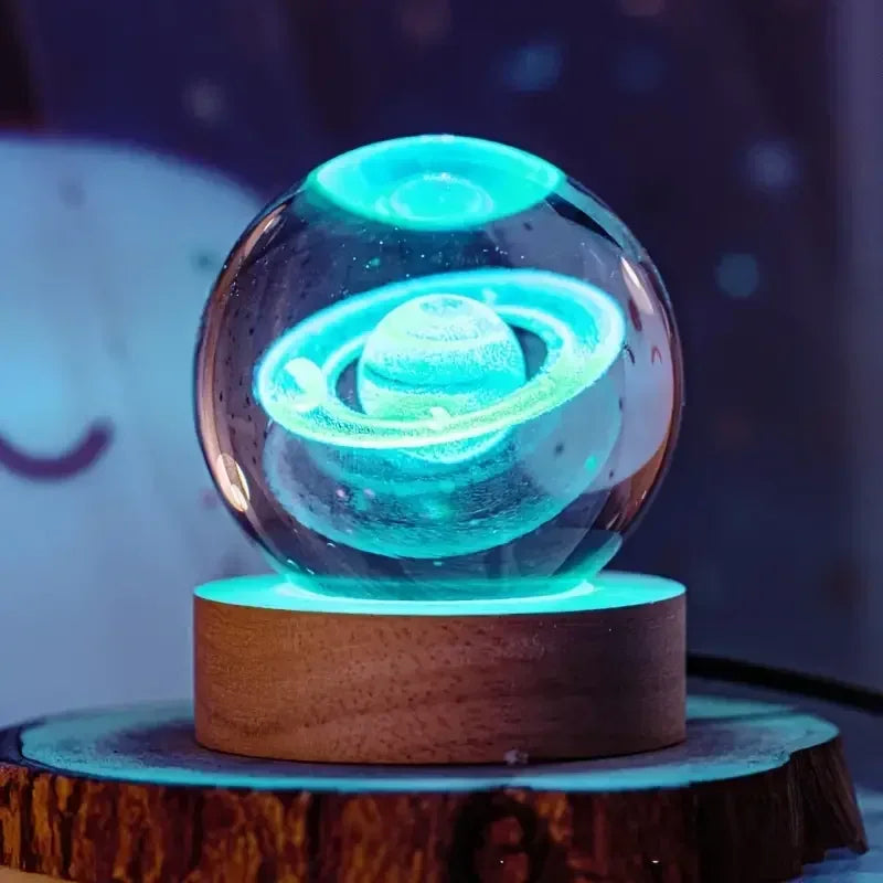 6cm 3D Interior Sculpted Saturn Illuminated Crystal Ball Ornament with Colorful Wood Base Nightlight Indoor Tabletop Birthday