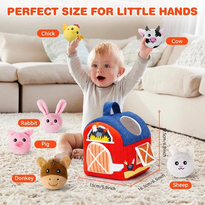 Portable Baby Barn Toy Box Farm Mini Doll with Filled Farm Animals Montessori Toddler Sensory Toy for 1-3 Years Old Children