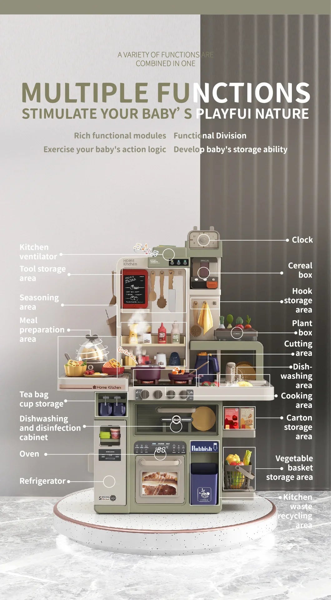 New 93cm Children's Simulated Spray Kitchen Tableware Set Sound Light Smoke Water Tableware Table Toy Christmas Gift Toy