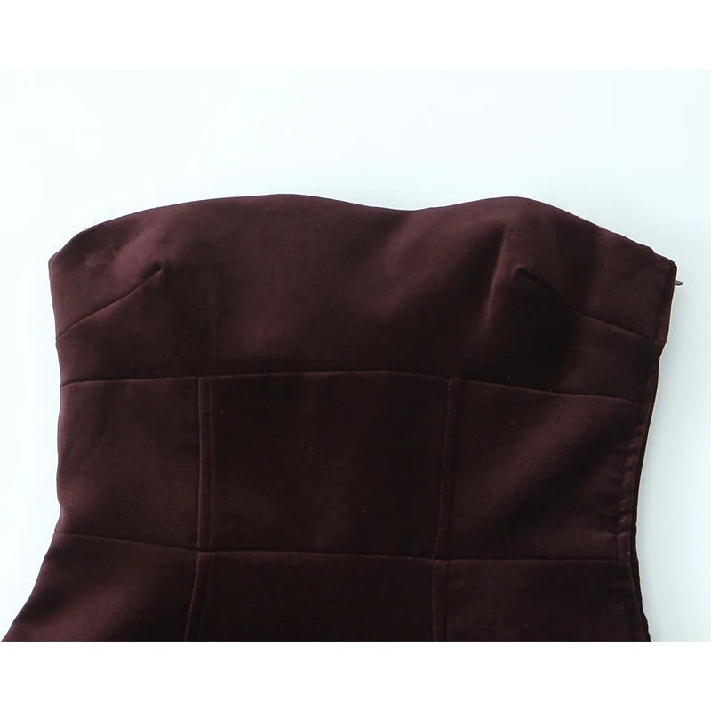 YENKYE Sexy Elegant Women Burgundy Velvet Bow Strapless Dress Christmas Party Mini Vestidos